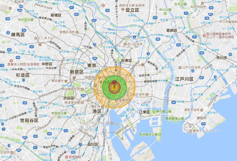 東京駅に50キロトンの北朝鮮の核ミサイルが着弾した場合の被害想定（NUKE MAPにより算出）