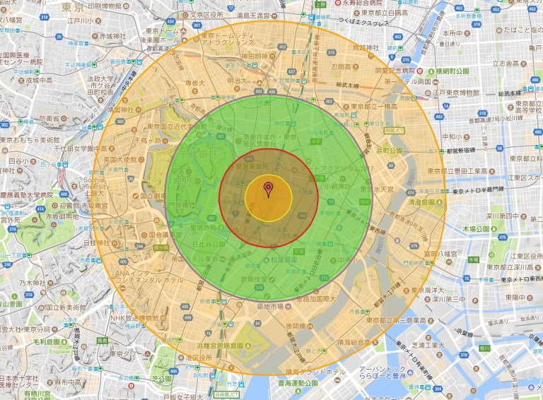 東京駅に50キロトンの北朝鮮の核ミサイルが着弾した場合の被害想定（NUKE MAPにより算出）